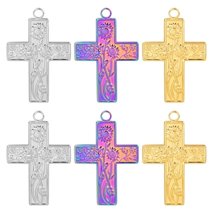 Sunflower Embossed Cross Pendant Stainless Steel Vacuum Plated Floral Vine Relief Retro Jewelry Accessory For Women