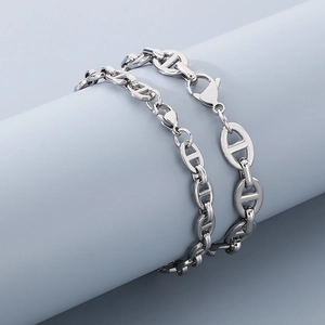 Bracciale in acciaio inossidabile argento con maglie a naso di maiale e chiusura a moschettone