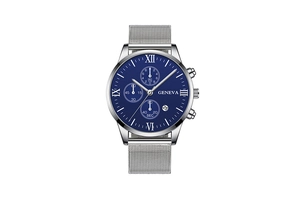 Close-up of men's watch with silver mesh band, blue dial and triple sub-dial calendar