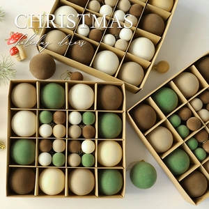 Christmas flocked ball ornaments set in green and brown tones for modern tree decoration