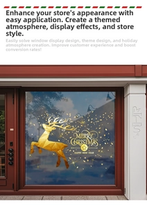 Close-up of golden reindeer window decals with Merry Christmas and stars decoration