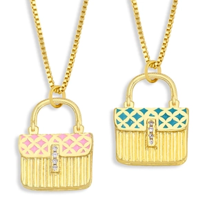 Handbag Pendant Necklace Copper Enamel Quilted Purse Shape With Cubic Zirconia Fashion Jewelry For Women
