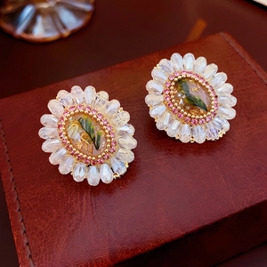 Vintage Gold Color Flower Stud Earrings With Silver Earring Post Crystal Pink Rhinestone Resin Dried Plant Oval Women