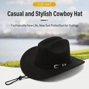 Classic black felt cowboy hat with vintage silver buckle belt and adjustable chin strap