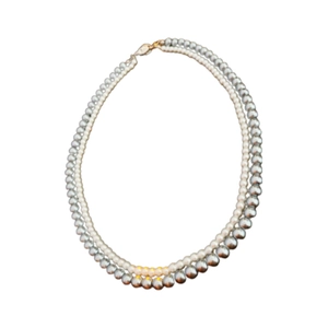 Double-layer necklace with white small pearls and grey large pearls on white background
