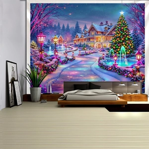 Winter Christmas landscape tapestry with snowy villa and decorated tree for bedroom wall decor