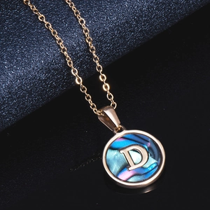 18K titanium steel letter D necklace with iridescent shell inlay on round pendant