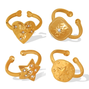 Polished gold plated titanium steel open rings with heart and star geometric designs