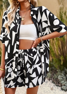 Detailed macro view of the black and white geometric print on this summer set