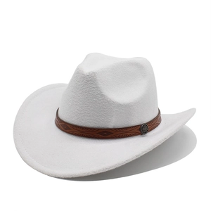 Close-up of white felt cowboy hat with embossed brown leather band and metal buckle