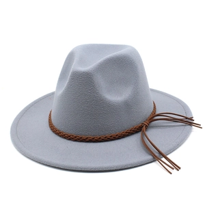 Classic grey wool fedora hat with brown braided band and leather tassels for women