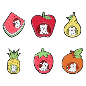 Set of 6 cartoon cat fruit enamel pins featuring watermelon apple pear and strawberry designs