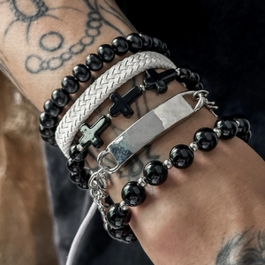 Retro Hip Hop Multi Layer Bracelet Set For Men Zinc Alloy Plastic Beads Cross Charm Braided PU Leather Wristband Jewelry Gift