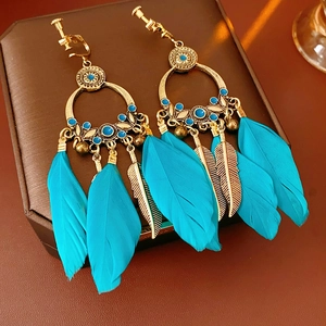 Détail de boucles d'oreilles clips bohèmes avec plumes bleues et métal doré sur écrin