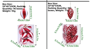 Detail showing red and white onion and pinecone Christmas ornaments with dimensions