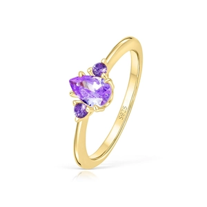 Detail shot of S925 silver gold ring with pear-cut purple crystal and side stones