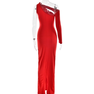 Rear view of a sexy red one-shoulder long dress with cutout detail and slim fit