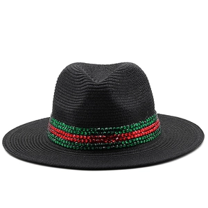 Classic black straw Panama hat for sun protection with luxury green and red rhinestone band