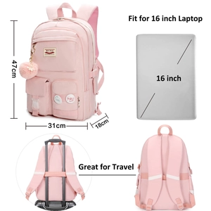 Pink laptop backpack for students showing detailed dimensions and luggage strap feature