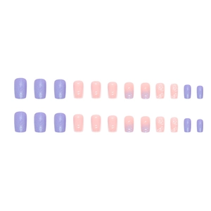 Short square press-on nails set with purple butterfly patterns and glitter shimmer