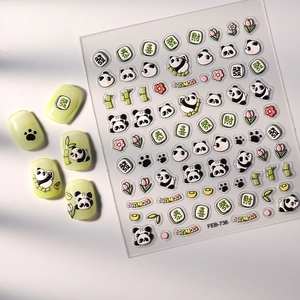 Detail of 5D panda nail stickers featuring bamboo and traditional Chinese greeting symbols