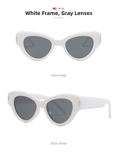 Close-up of white cat-eye sunglasses with grey lenses and golden metal hinge detail
