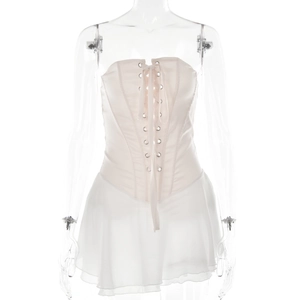 White off-shoulder strapless satin top and ruffled chiffon mini dress on mannequin