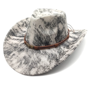 Retro tie-dye faux suede western cowboy hat with wide brim and skull buckle detail