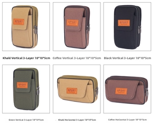 Detailed grid of canvas waist bags in vertical and horizontal styles with dimensions