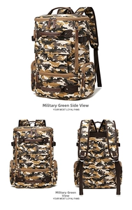 Three-way view of a large army green camouflage canvas backpack with multi-pocket details