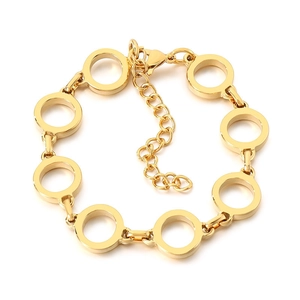 Polished gold stainless steel circular link bracelet with adjustable extension chain