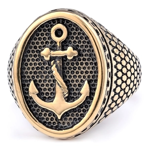 Retro stainless steel men's ring with gold anchor emblem and vintage textured finish