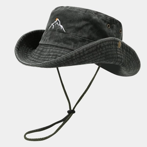 Dark grey washed cotton wide brim sun hat with mountain embroidery and windproof rope