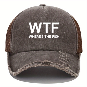 Detailed view of gray denim distressed texture and WTF embroidery on trucker hat