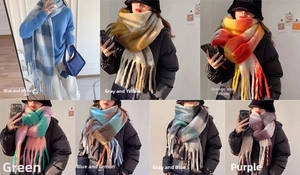 Collage of checkered tassel scarves in seven color patterns with thick fringe details