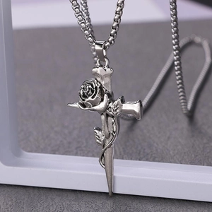 Retro thorn rose cross pendant necklace with box chain in gothic silver finish