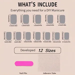 Rectangle press-on nails set in 12 sizes with file and adhesive tabs displayed on chart
