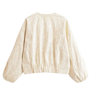 Veste brodée beige avec motifs de feuilles de plantes et ourlet élastique décontracté