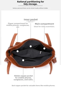 Detailed view of brown leather tote bag with multi-compartment internal storage structure