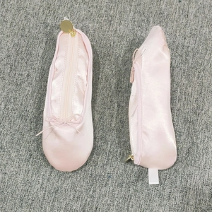 Pink satin ballet slipper pencil case and makeup pouch with ribbon bow and gold zipper