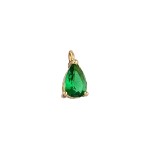 Detail of a pear-cut green zircon stone set in a gold-plated copper teardrop pendant