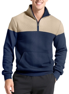 Detail of knitted polo sweatshirt with khaki diamond stitching and navy ribbed texture