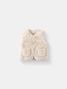 Gilet In Pile Per Neonati Bambini Morbido Caldo Peluche Con Tasche Scollo A V Bottoni Tinta Unita Capispalla Casual