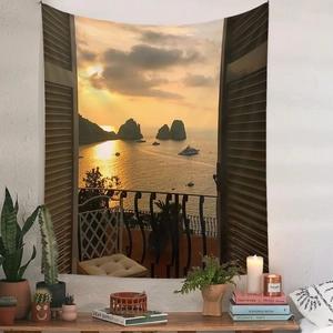 Detailed fabric texture of a 3D window sunset tapestry with warm coastal ocean scenery