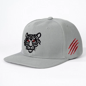 Flat brim baseball cap in light grey featuring tiger embroidery and red claw marks design