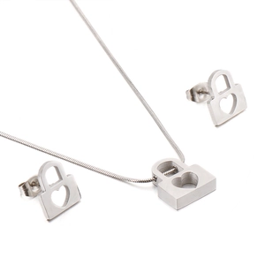 Polished stainless steel heart-shaped hollow lock necklace and earring jewelry set
