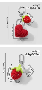Detailed dimensions and weight for handmade crochet strawberry and heart keychains