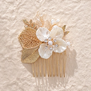 Peigne À Cheveux Fleur Dorée Coiffe De Mariée Feuille Künstliche Perle Strass Accessoire Cheveux Fait Main Pour Femme Fête Mariage