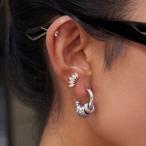 Silver stainless steel C-shaped hoop earrings and marquise zircon ear crawler set