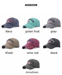 Detailed grid showing seven colors of washed distressed USA flag embroidery baseball caps